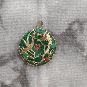 14 k jade with dragon and bird pendent